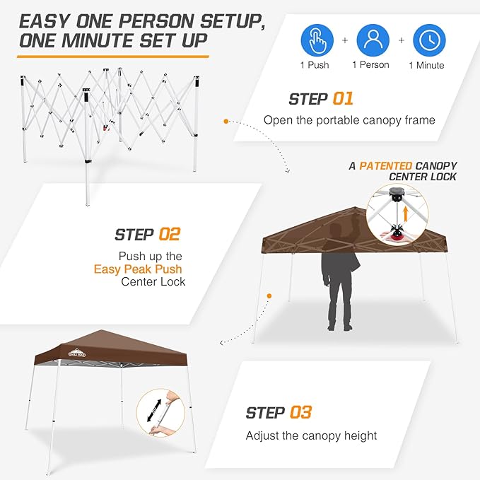 EAGLE PEAK 10x10 Slant Leg Pop-up Canopy Tent Easy One Person Setup Instant Outdoor Beach Canopy Folding Portable Sports Shelter 10x10 Base 8x8 Top (Dark Brown)