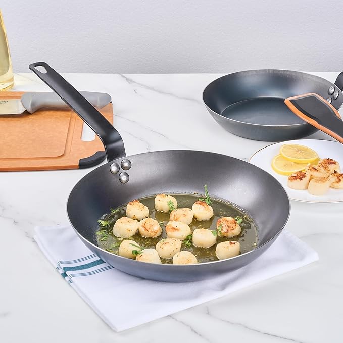 Met Lux 11 Inch Fry Pan, 1 Lightweight Frying Pan - Induction-Ready, Triple-Riveted, Black Carbon Steel Cooking Skillet, Durable, For Searing, Sauteing, And Browning Food - Restaurantware