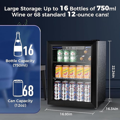 1.7 Cu.ft Beverage Refrigerator Cooler, 68 Can Mini Fridge Glass Door with Adjustable Shelves, Digital Temperature Display, Freestanding Small Drink Fridge for Home, Office or Bar(Black)