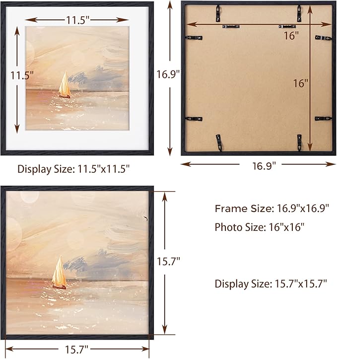 Fun Memories 16"x16" Picture Frame in Black, Solid Oak Wood Frame 16x16, 16x16 Frame Matted to 12x12, Square Photo Frame 16x16 Inch - Tempered Glass (Black, 1 Pack)