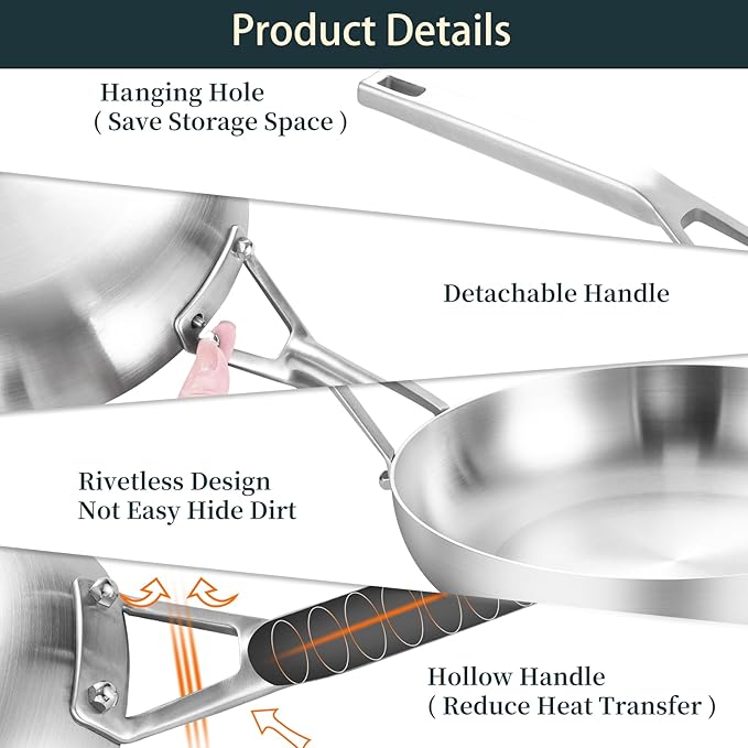 Tri-Ply Fully Bonded Stainless Steel 12Inch Frying Pan With Lid, Up to 600℉ Full Clad, Large Cooking Surface for Searing, Induction Ready, Dishwasher and Oven Safe