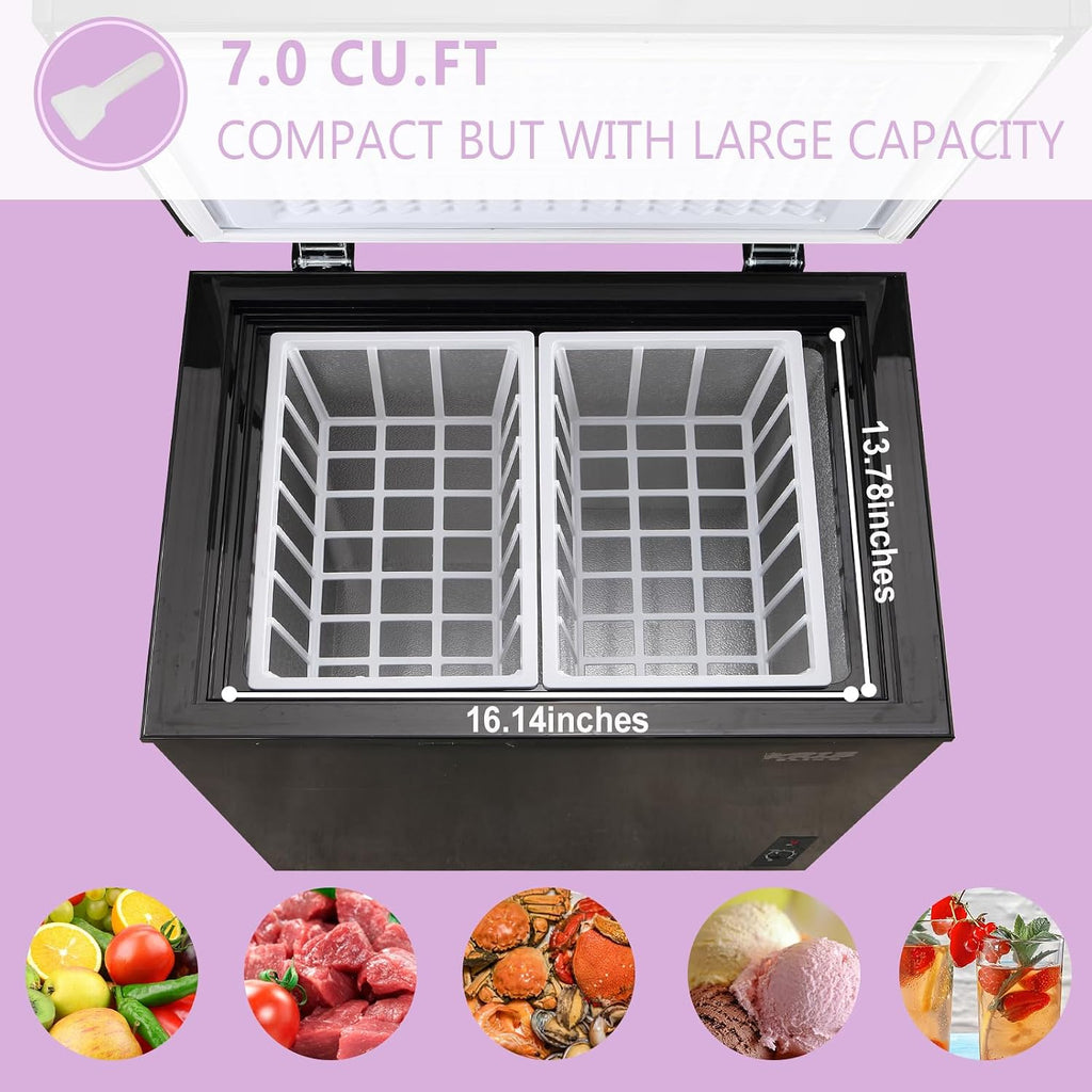 Compact Chest Freezer with Removable Basket, 7.0 Cu.ft Top Door Open Freestanding Deep Freezer with 7 Gears Temperature Adjustment, Ideal for Home, Kitchen & Office, Black