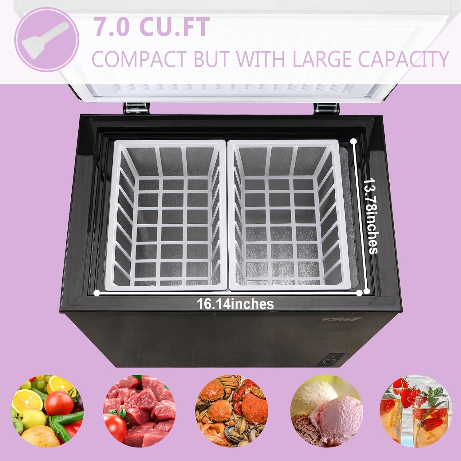 Compact Chest Freezer with Removable Basket, 7.0 Cu.ft Top Door Open Freestanding Deep Freezer with 7 Gears Temperature Adjustment, Ideal for Home, Kitchen & Office, Black