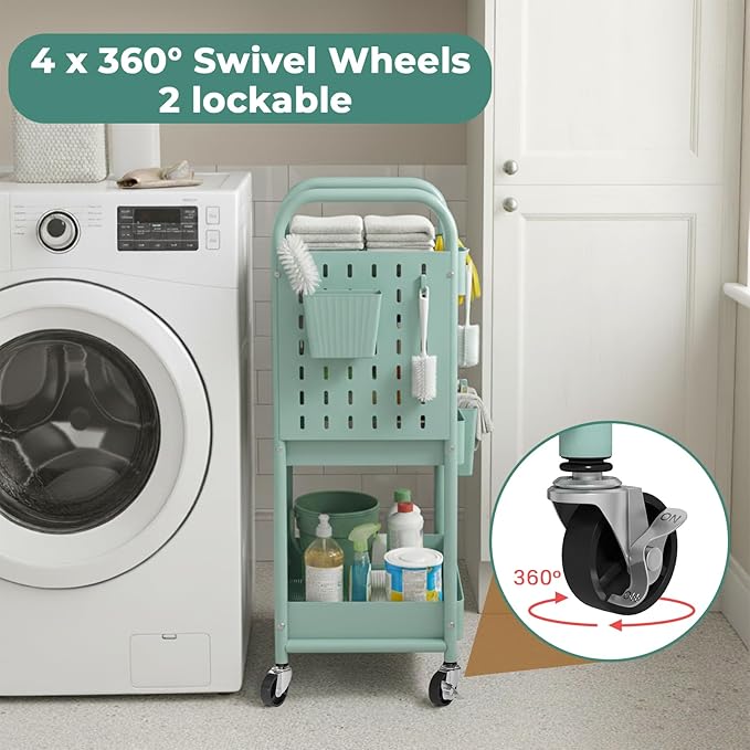 danpinera Rolling Cart, Movable Utility Organizer with Retractable Dividers & Pegboards for Kitchen, Bathroom, Office