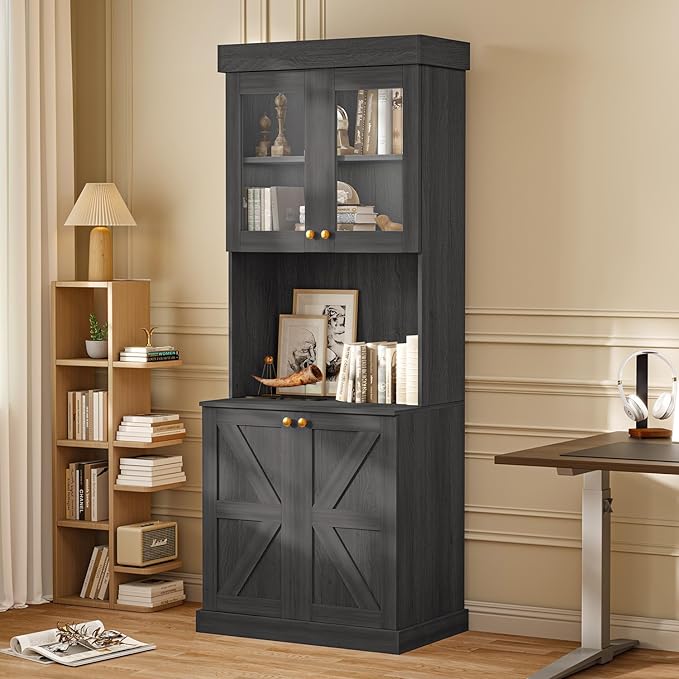 71" Farmhouse Kitchen Pantry Cabinet Set of 2, Black Freestanding Coffee Bar Hutch with Glass Doors, Drawers & Adjustable Shelves, Large Storage Cabinet with Microwave Stand for Kitchen & Living Room
