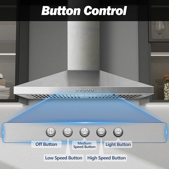 SNDOAS Range Hood 30 inch,Stainless Steel Wall Mount Range Hood 30 inch,Chimney-Style Stove Vent with Ducted/Ductless Convertible,Kitchen Hood with LED Light,Button Control,3-Speed Vent Hood