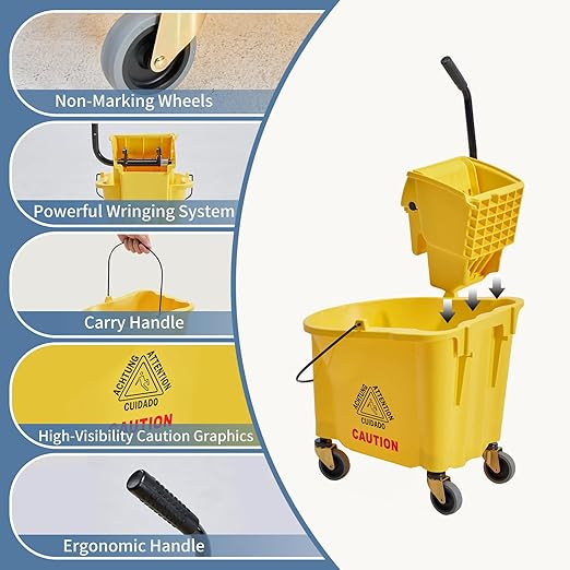DUMOS 30-Quart Commercial Mop Bucket with Side-Press Wringer, Heavy-Duty Floor Cleaning System, Durable Wringer & Non-Marking Casters, Yellow