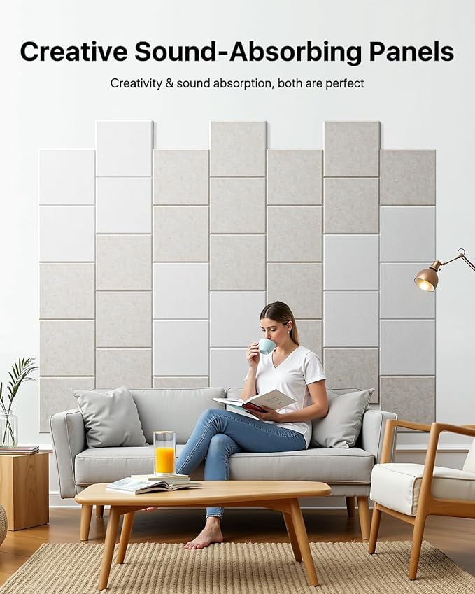 18 Pack Soundproof Wall Panels Self-Adhesive, Square Sound Proof Foam Panels for Wall, High Density Acoustic Panels, Acoustic Panels for Home Office, Reccording Studio 12" X 12" X 0.4" Beige