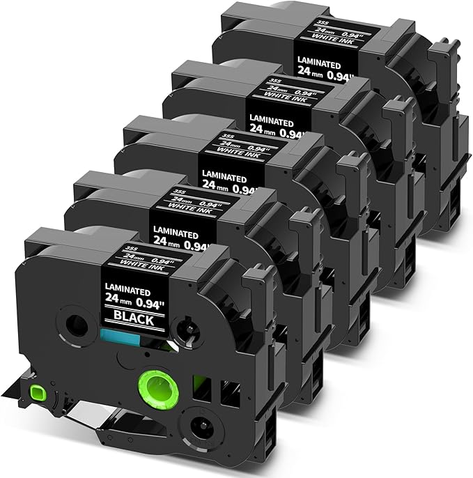 COLORWING TZe-355 24mm Black Label Tape Relace for Brother TZ Tape 24mm 0.94" Laminated P-Touch TZe355 White on Black 1 Inch for PTD600 PTD610 PTP700 PT2300 Label Maker Refills, 5-Pack