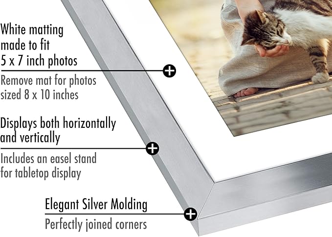 Americanflat 8x10 Picture Frame with Polished Crystal-Clear Glass - Use as 5x7 Frame with Mat or Display 8x10 Photo Without Mat - Signature Collection - Picture Frames for Tabletop and Wall - Silver