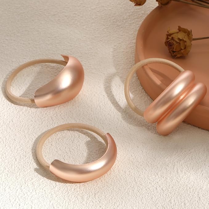 3PCS Pink Gold Hair Ties, Metal Hair Ties for Thick Hair, Elegant Durable Geometric Design Hair Cuffs, Gold Hair Accessories Stretchy Non-Damage Ponytail Cuff Holders Holiday Gifts