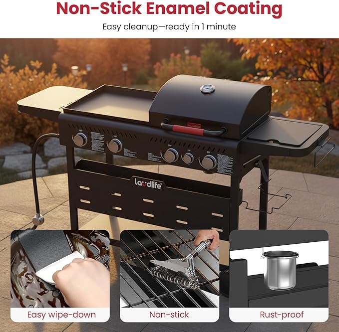 Propane Gas Griddle Grill Combo with Side Burner, Non-Stick Porcelain-Enameled Cast Iron Grate & Pan, 5 Burners Dual BBQ Grills, 702 SQ.IN Cooking Area, Heavy-Duty Stand for Backyard
