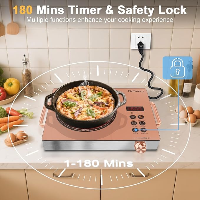 Electric Cooktop Single Burner, 110V Portable Electric Stove 1800W, One Burner Hot Plate with Knob & Touch Control, Countertop, Timer & Safety Lock, 110-120V Plug in(Orange)