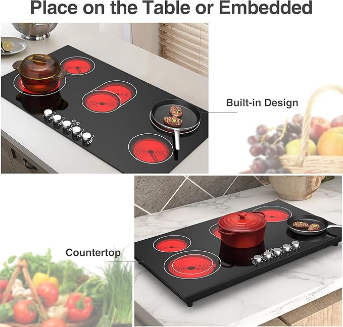 VBGK Electric cooktop 36 inch,240V 8600W 36 inch Induction Cooktop,Built-in and Countertop Electric Stove Top,Knob Control 9 Heating Level Timer & Kid Safety Lock