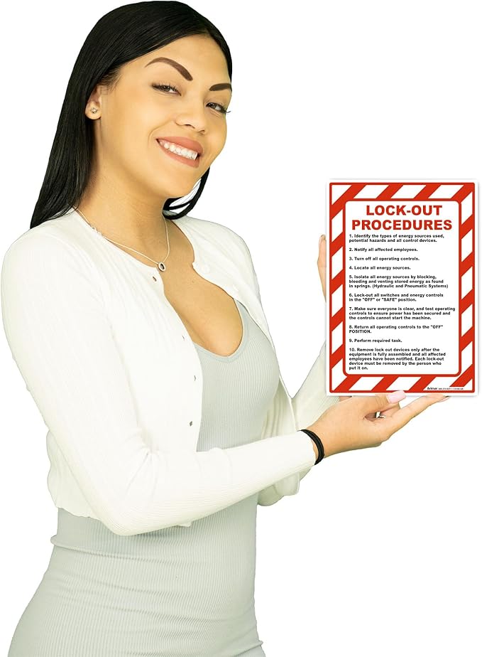 Brimar - 7" x 10" - Lock-Out Procedures Sign - 3.5 Mil InfiniStick™ Vinyl Label - Easy Installation - Workplace Safety Compliance