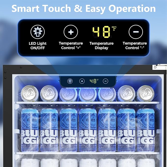 24 Inch Under Counter Beverage Refrigerator, Built-in and Freestanding Beverage Fridge Cooler 180 Cans with Stainless Steel Seamless Door, Powerful Cooling Compressor for Patio Kitchen, Commercial Use