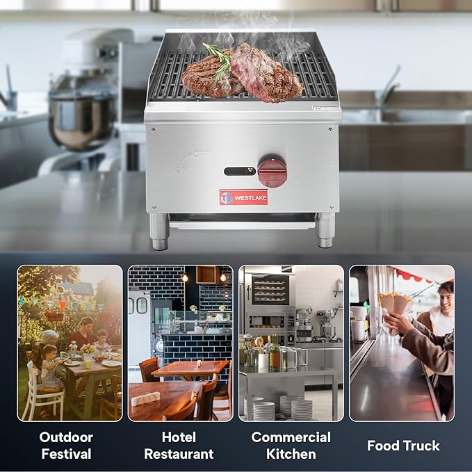 WESTLAKE 16"W Commercial Charbroiler Gas Countertop Single Burner Natural Gas and Propane 30,000 BTU Char Broiler Stainless Steel BBQ Stove Grill for Restaurants
