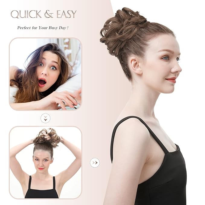 FESHFEN Large Messy Bun Hair Piece - Wavy Synthetic Chignon Scrunchies Elastic Ponytail Hair Extensions Thick Hairpieces for Women, Salt and Pepper 1.94oz