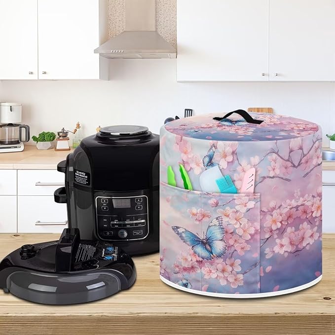 Xoenoiee Butterfly Pink Cherry Blossom Print Pressure Cooker Cover for Kitchen Appliance Dust Cover with Pockets for Rice Cooker Air Fryer Slow Cooker, for 6 Qt Pot