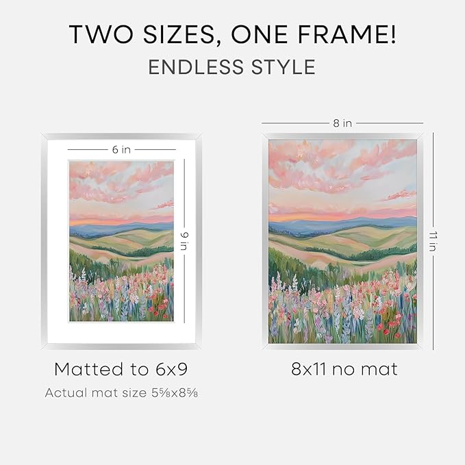 Homeforia Silver 8x11 Picture Frame, High End Metal 8 x 11 Poster Frames with Mat 6 by 9 for Photo, 11x8 Frame Matted to 6x9 inch Art, 8by11 Wall or Tabletop Frames, Tempered Glass, Wall Kit, Set of 2