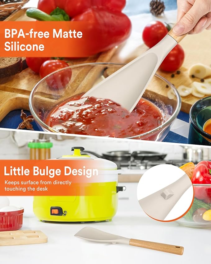 Cooking Spoon for Nonstick Cookwares, Great for Cooking and Serving Sturdy BPA-Free Matte Silicone, Wood Handle Spoon for Mixing, Scoop, and Scrape (KHAKI, 13.4 inch)