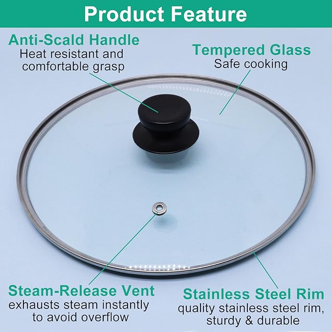 10 Inch Pan Lid, Round Tempered Glass Lid, Universal Pot Lids with Heat Resistant Handle, Replacement Pan Cover for Pans and Skillets, Dishwasher Safe