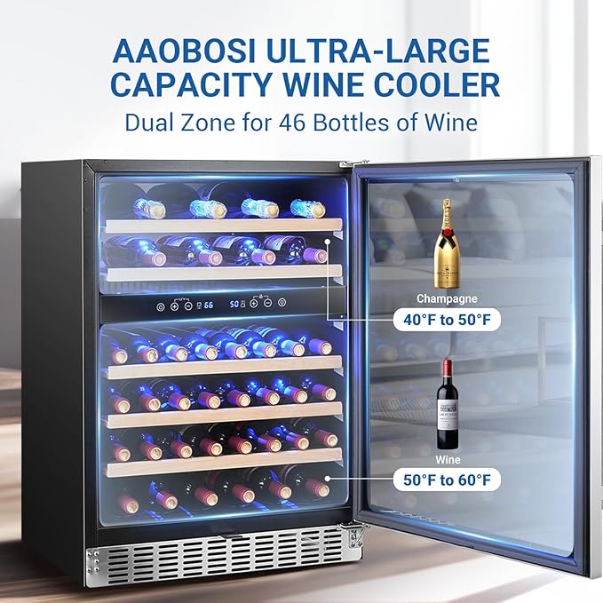 AAOBOSI Upgraded 24 Inch Wine Fridge, 48Bottles Wine Cooler with Dual Zone, Freestanding and Built-in Wine Refrigerator with Adjustable Shelves and Safety Lock, Double-Layer Glass Door, LED Light