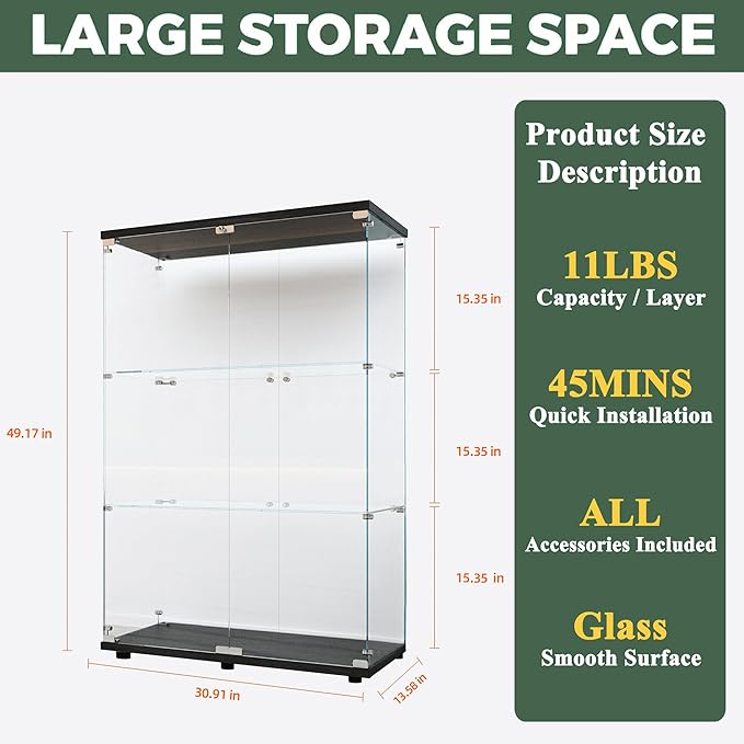 Glass Display Cabinet with LED, 3 Shelves with 2 Doors, Curio Storage Cabinets with Lock for Living Room, Office, Floor Standing Glass Bookshelf, Quick Installation - Black