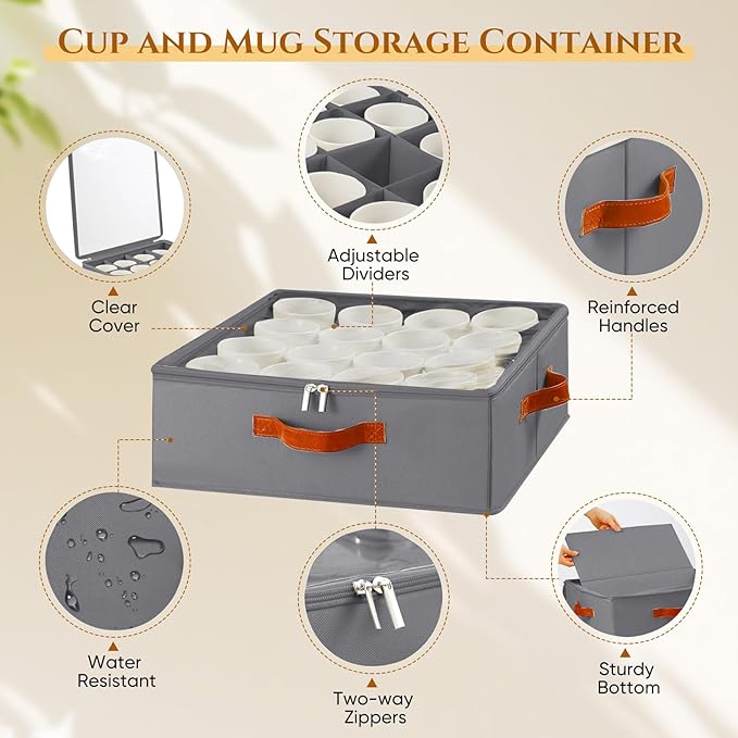 2 Pack Coffee Mug Storage Box with Dividers, Stackable China Storage Containers with Lid, Zipper, and Handles for 32 Mugs and Cups, Mug Storage Organizer for Packing & Moving, Gray