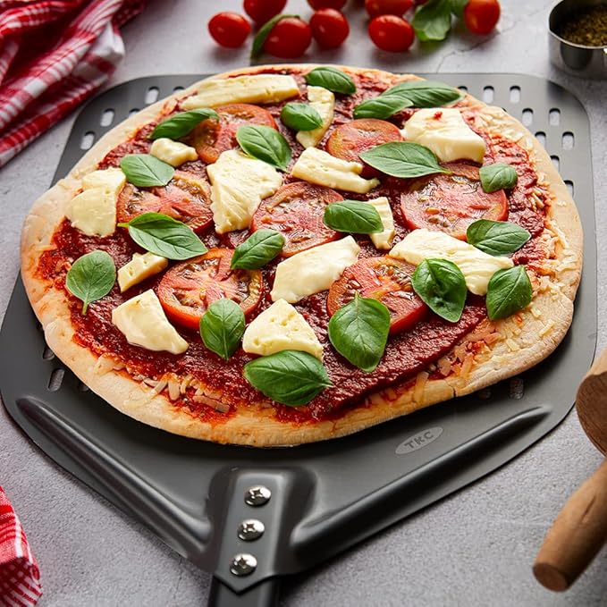 TKC 14" Aluminium Pizza Peel - Durable, Perforated Design for Easy Dough Transfer, Heat-Resistant Handle, Compatible with all Pizza Ovens - Indoor/Outdoor - Lightweight, Non-Stick (Black)
