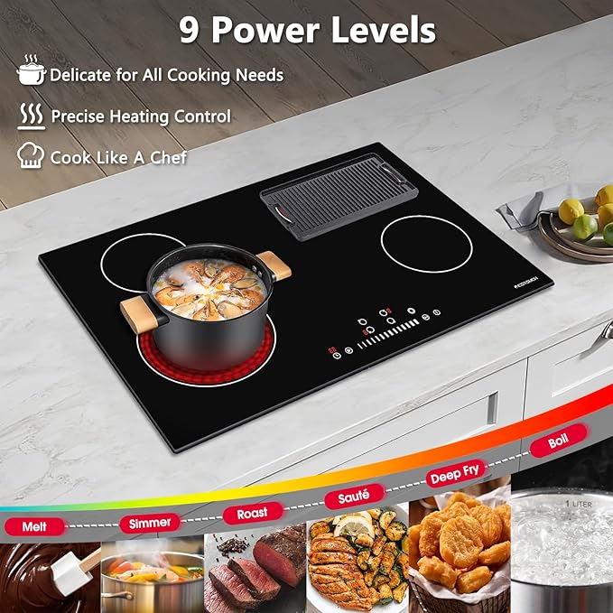 Electric Cooktop 30 inch, ECOTOUCH Built-in Electric Cooktop 4 Burner Stove Top, Radiant Cooktops Stovetop with Kid Safety Lock, Timer, 9 Heating Level, 6800W, 220-240V for Hard Wire(No Plug)