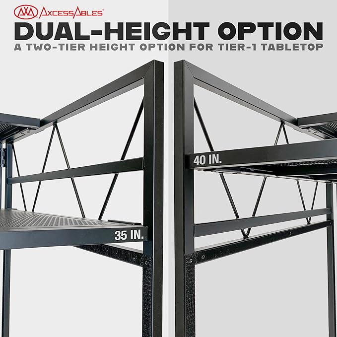AxcessAbles Two-Tier Portable DJ Booth | Large DJ Table Stand w/ 43"x25" Desk Surface | 2 Ergonomic Table Heights | Black & White Facades, Carry Cases | DJ Laptop Controller Stand