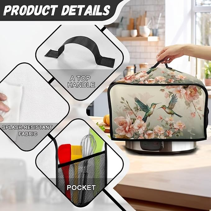 Hummingbird Slow Cooker Cover Pink Flower Slow Cooker Cover Holder Fits for Most 6-8 Quart Oval Slow Cooker Accessories with Handle and Pocket
