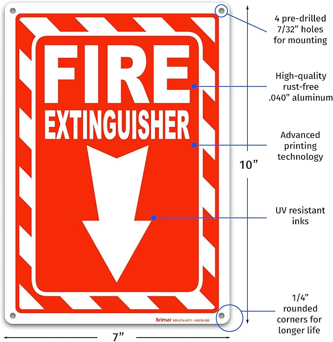Brimar Fire Extinguisher Signs,7"x10" (4 Pack) .040" Heavy Rust-Free Aluminum Metal Safety Signs, UV Ink Printing, Weatherproof, Fade Resistant, for Business, Office, Home Indoor & Outdoor Use