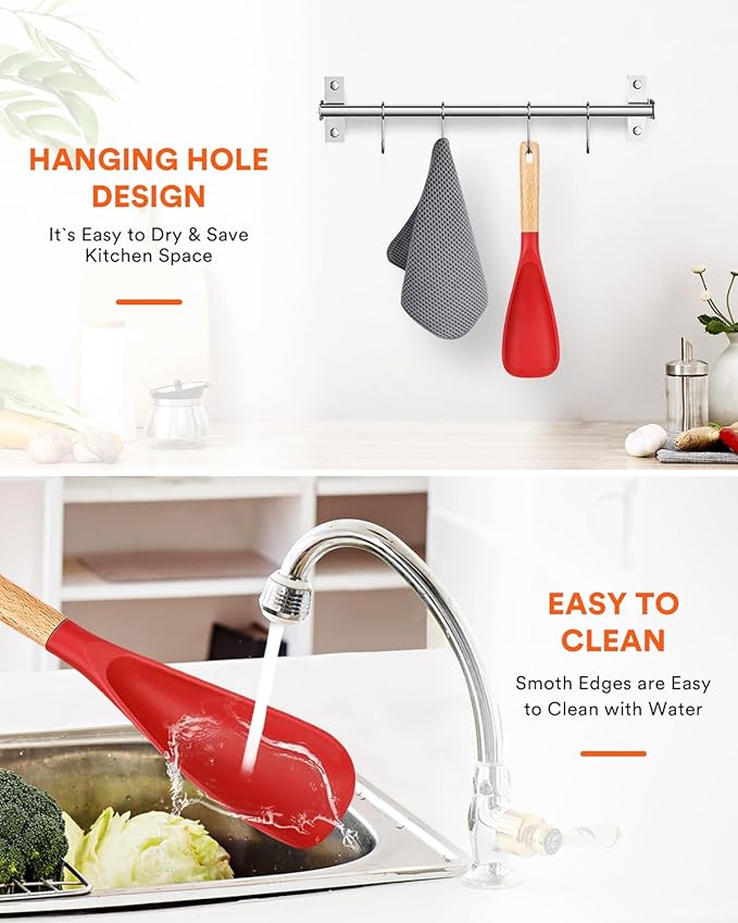 Cooking Spoon for Nonstick Cookwares, Great for Cooking and Serving Sturdy BPA-Free Matte Silicone, Wood Handle Spoon for Mixing, Scoop, and Scrape (RED, 11.4 inch)