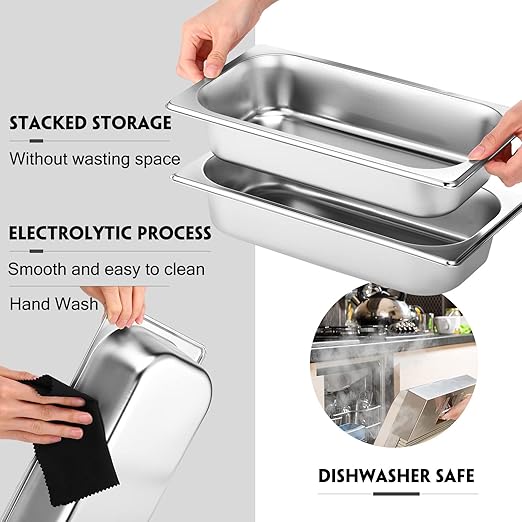 10 Pack Hotel Pans Stainless Steel Steam Table Pan 1/3 Size, 0.8 mm Thick Anti Jam Warming Pans for Food Warmer Restaurant Catering Supplies, 12.8 x 6.9 Inch(2-1/2 Inch Deep,Standard)