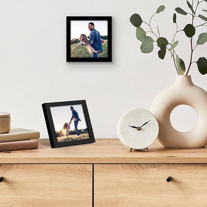Americanflat 4x4 Picture Frame with Shatter-Resistant Glass - Streamline Collection - Thin Border Square Frame for Tabletop and Wall Display - Hanging Hardware and Easel Stand Included - Black