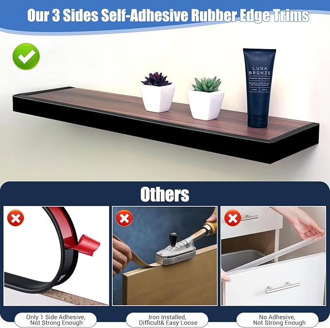 Rubber Edge Trim, Self-Adhesive U Channel Edge Protector for Plywood, Cabinet, 5/8" Wood Edge Banding, Flexible Furniture Repair, EPDM Material, Fit 5/8"(16mm), Length 20Ft, Black Color