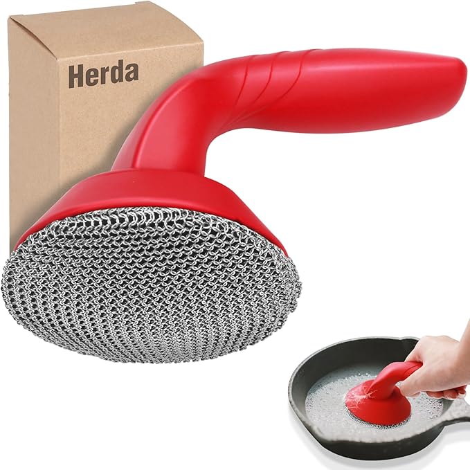 Cast Iron Cleaner Scrubber with Handle -3mm Welded Chain Mail Cast Iron Grill Scrubber Brush-Chainmail Sponge Scrub Cleaning Tool to Clean Skillets, Pan,Griddle, Wok