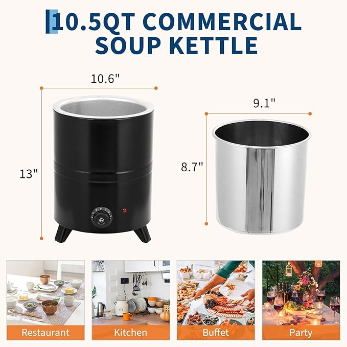 10.5QT Commercial Grade Soup Warmer Kettle with Hinged Swing Lid and Detachable Stainless Steel Insert Pot, Electric Soup Pot for Restaurants, Catering, Buffet, Party, Big Family