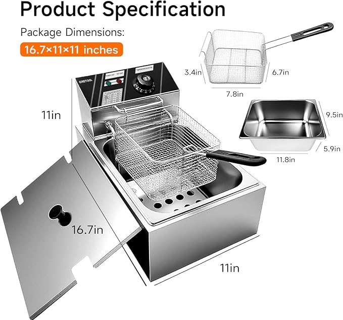 Electric Fryer 10L/10.5QT Stainless Steel Single Can Commercial Fryer with Basket, 2500W 110V Countertop Fryer for Home Kitchen and Restaurant with Oil Thermometer and Temperature Control