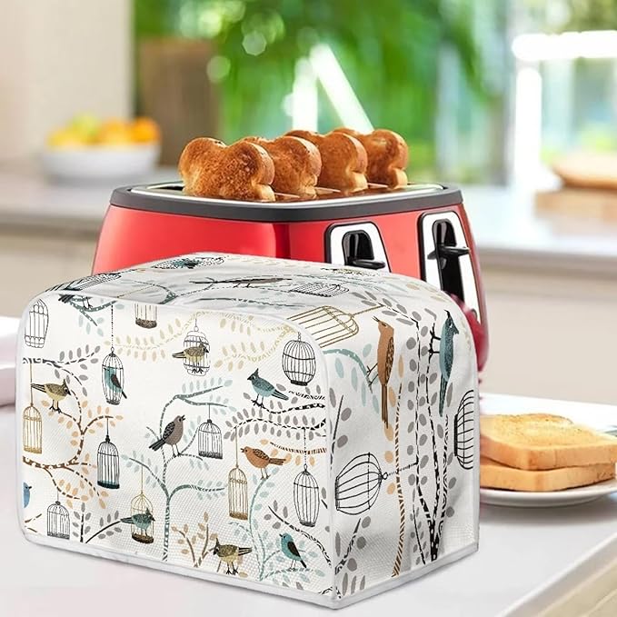 Art Birds Print Bread Maker Cover 2 Slice Dust-proof Microwave Toaster Oven Cover Washable, Anti Fingerprint Bread Machine Protector for Kitchen Accessories
