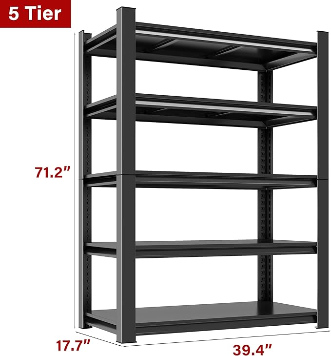 72''H x 40''W Metal Garage Shelving Unit, 5-Tier Garage Storage Shelves Heavy Duty, Adjustable Upgraded Reinforced Double-Layer Columns for Basement, Garage, Pantry Rack, 18''D, Black