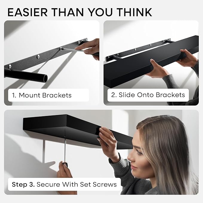 Homeforia Black Floating Shelf 48 inches, High End Solid Real Wood 48 inch Long Floating Shelves for Wall, Black Wooden 48inch Large Floating Shelves, Heavy Duty Bracket, 48 X 6.5 X 1.75 in, Set of 2