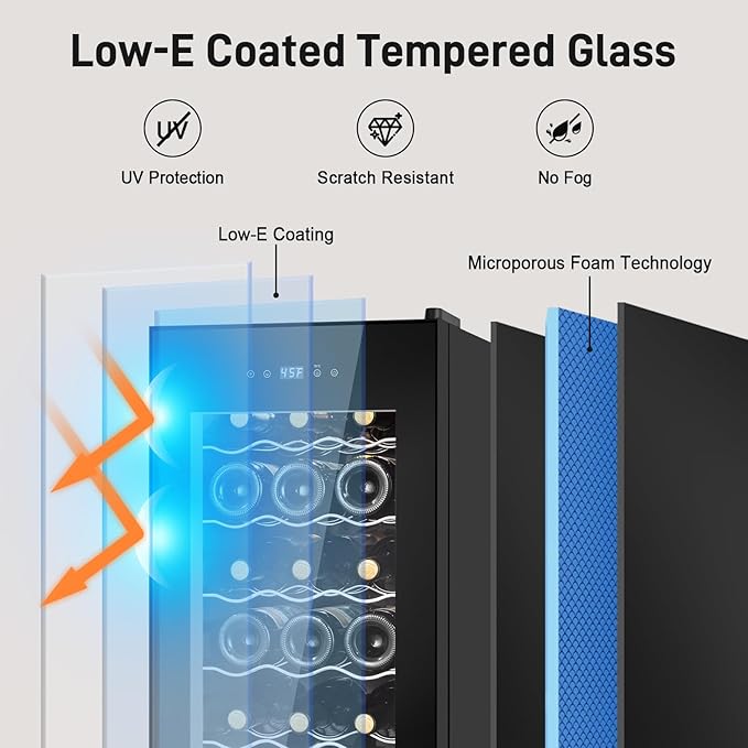 Tylza 18 Bottles Wine Fridge, Wine Cellar with Powerful Compressor, LED Touchscreen, Low-E Tempered Glass Door, Lock, Wine Cooler Refrigerator for Red, White, Champagne or Sparkling Wine, Black