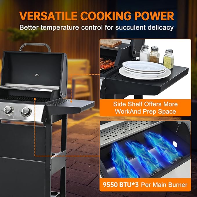 3 Burner Propane Gas Grill, Stainless Steel BBQ Grill 30,000 BTU for Outdoor Cooking Kitchen, Garden and Patio Backyard Barbecue, Black and Silver