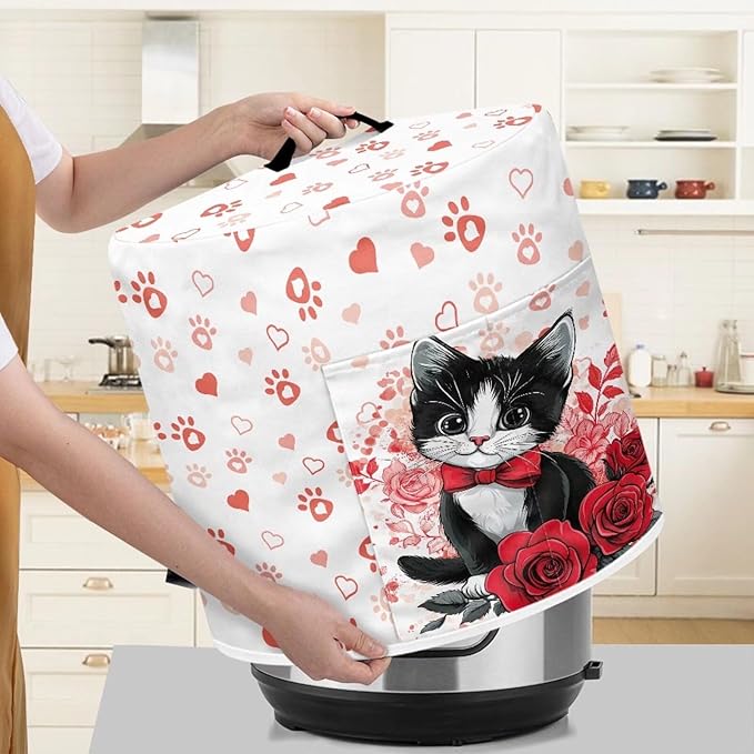 Cat Rose Heart Love Print Dust Cover for 6 Quart Instant Pot, Dust Proof Pressure Cooker Cover Valentine's Day Decoration Electric Appliance Cover Air Fryer Accessories with Pocket and Handle