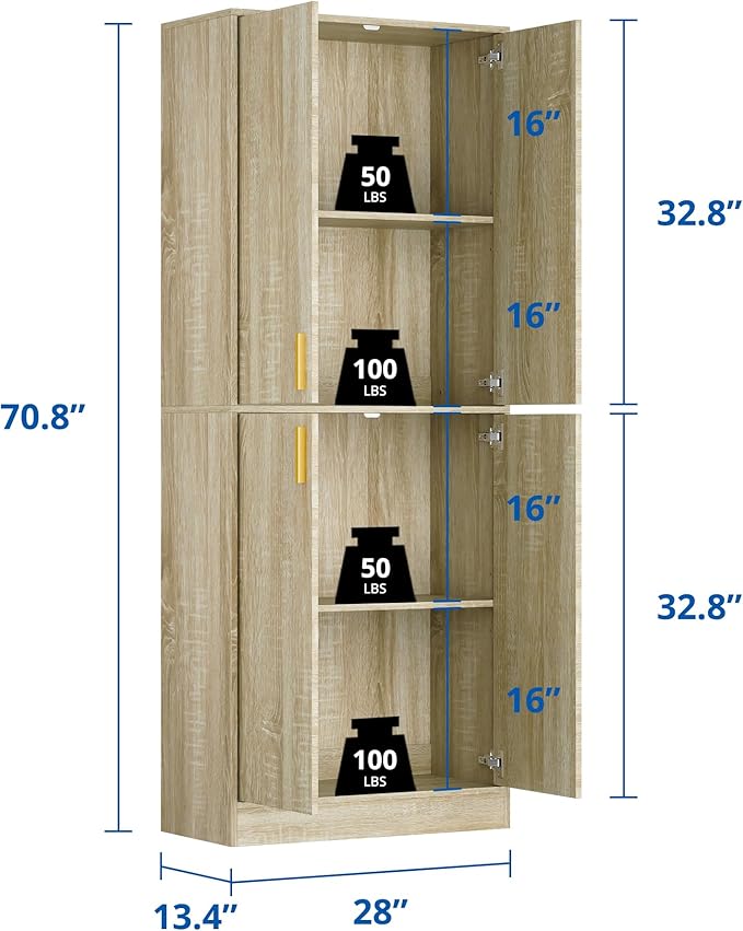 Cozy Castle Kitchen Pantry Cabinet, 71" Tall Wood Storage Cabinet with Doors and Shelves 4 Doors Freestanding Cupboard for Dining Room Living Room Bathroom Furniture, Whitewashed Oak