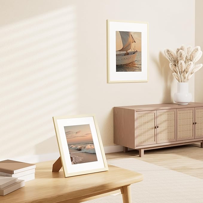 Vittanly 8.5x11 Picture Frame Set of 2, Solid Wood Frame for Wall or Tabletop, Display Photo 6x8 with Mat or 8.5x11 without Mat, White