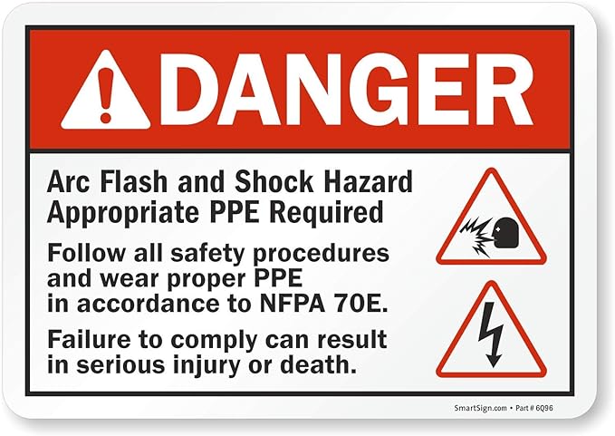 SmartSign - U1-1082-ND_10x7 Adhesive Vinyl Label, Legend "Danger: Arc Flash and Shock Hazard PPE Required" with Graphic, 7" high x 10" wide, Black/Red on White